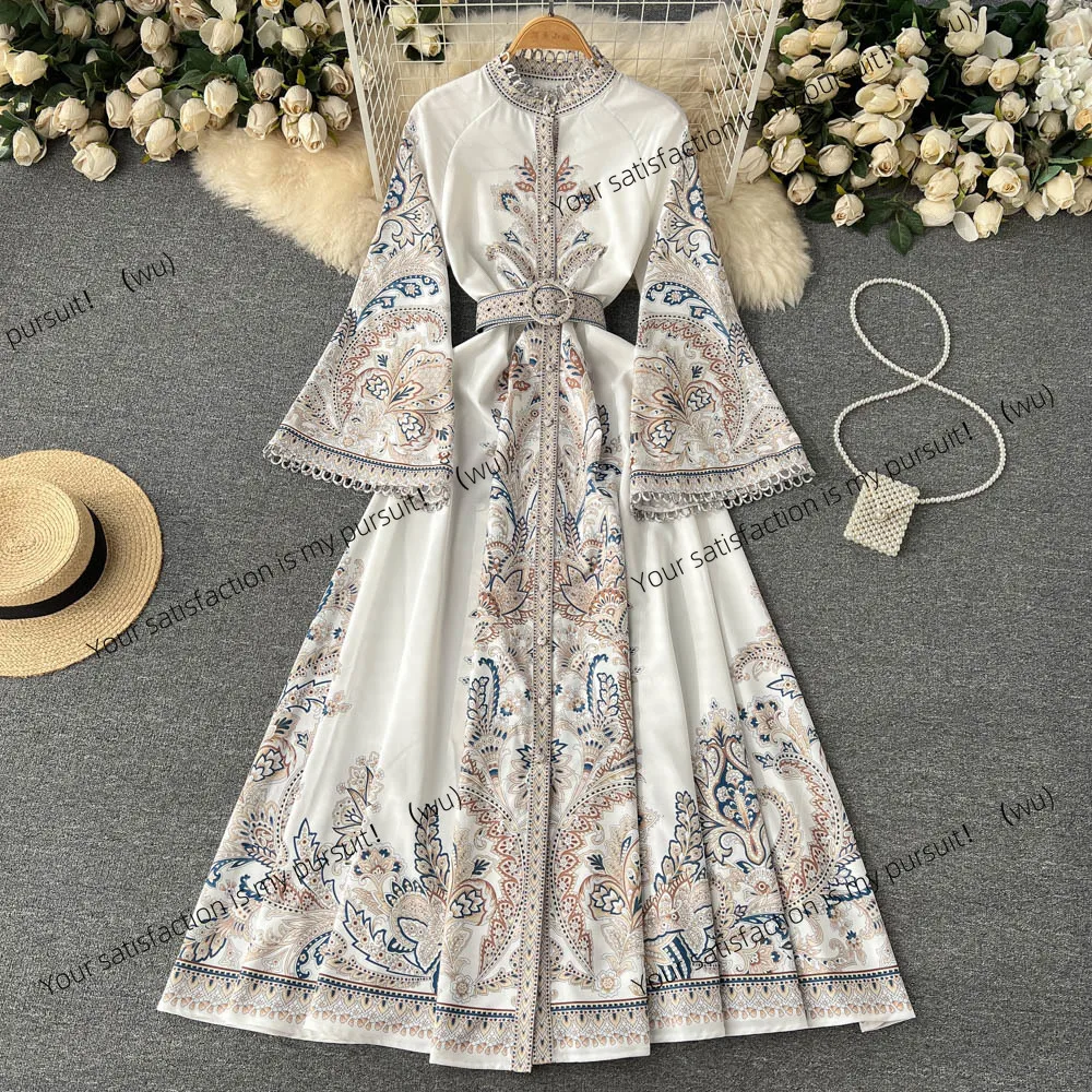 

ZOCI-Весеннее винтажное платье с круглым вырезом и расклешенными рукавами, женское однобортное длинное платье с большим маятником неправильной формы