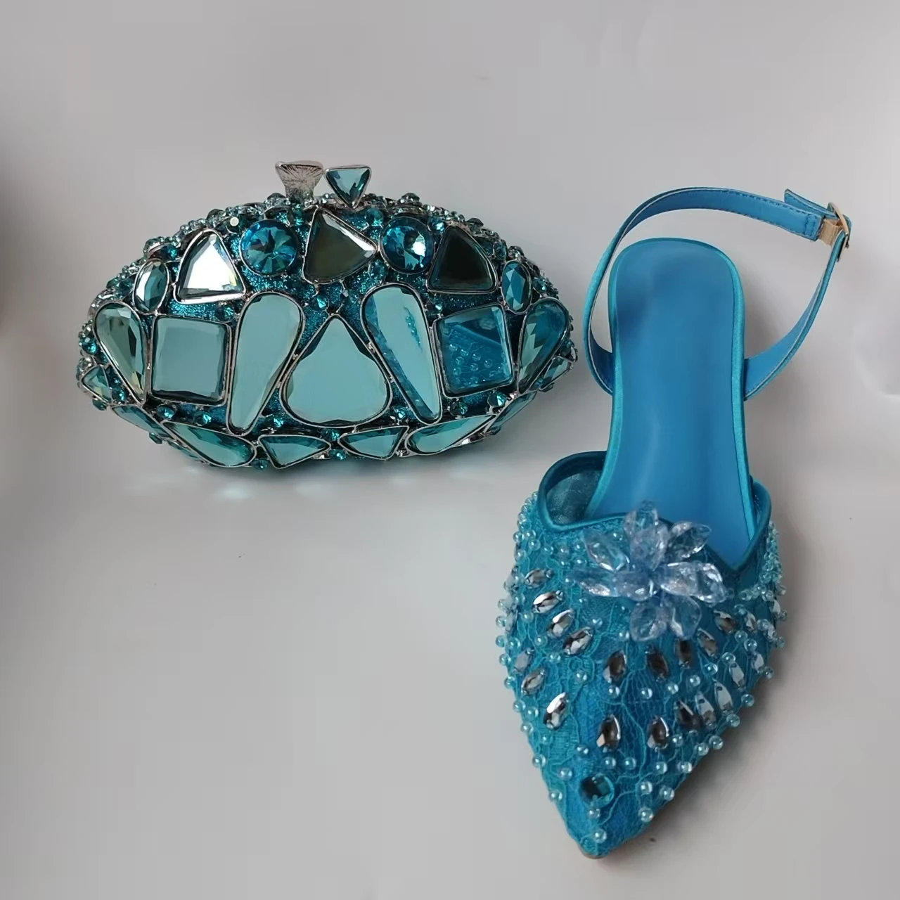 

LNATISNOVA Blue Shining High Heels And Bags Sets Evening Luxury Sandals And Bags Set Slingback Pumps with Matching Clutch Purse