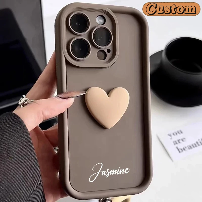 Spersonalizowane silikonowe etui INS 3D Love Heart do iPhone 11 12 13 14 15 16 Pro Max Wstrząsoodporne etui Candy Custom Name DIY Cover 15