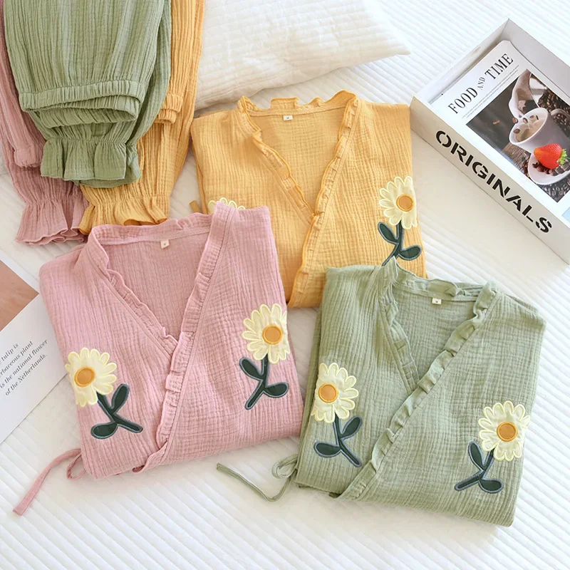 

Women Sleepwear V-neck 100% Cotton Crepe 2 Piece Pajamas Suit Kimono Home Clothes Spring Summer Comfort Nightwear With Pant