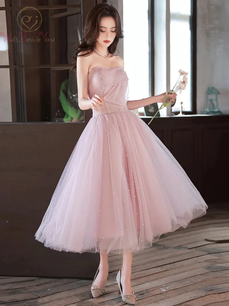 

Strapless Tea Length Pink Tulle Prom Dresses One Shoulder Short Pearls Tulle Formal Homecoming Gowns A Line