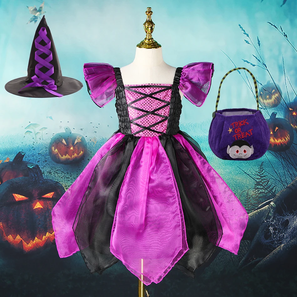 Halloween Children Girls Witch Party Dress Gothic Ghost Costume Kids Gown Robe Tutu Dress Witch Hat for Purim Carnival Party