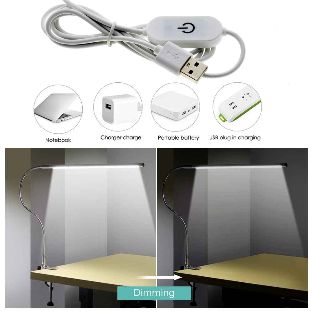 Long Arm Table Lamp 48 LEDs Clip Mounted Office LED Desk Lamp USB Flexible Gooseneck Eye-protection Reading Lamps for Work Study