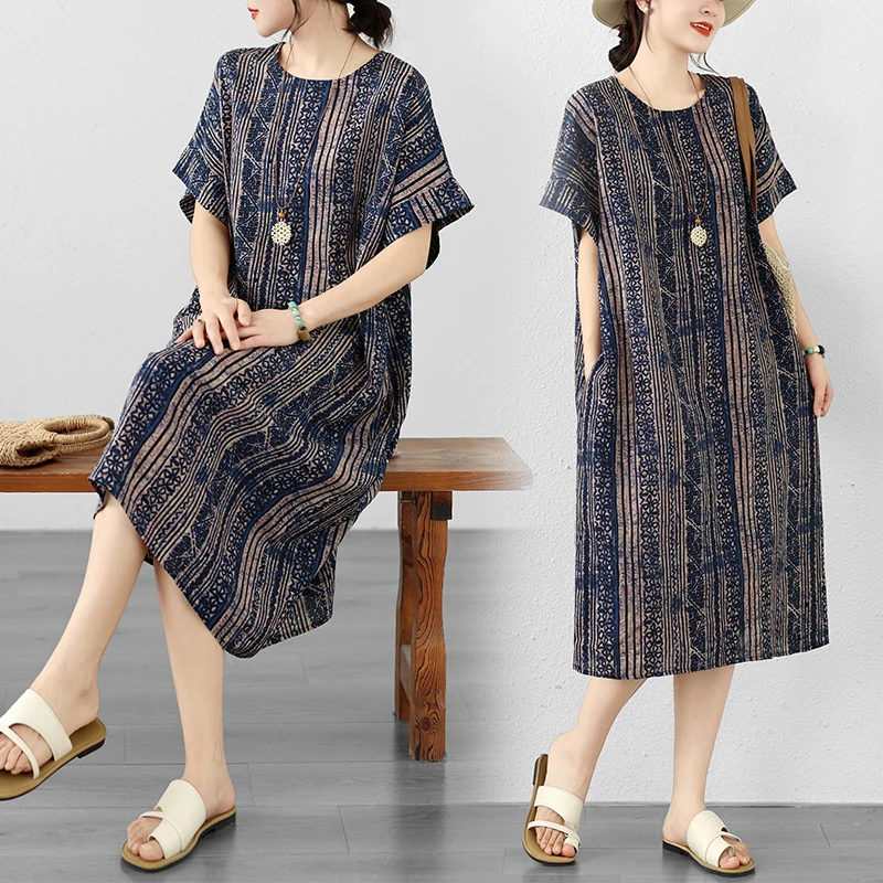 

Summer New Style Thin Cotton Twisted Artistic Women's Knee-Length Midi Dress Short Sleeve Ladies' Gown City Walk Fashion