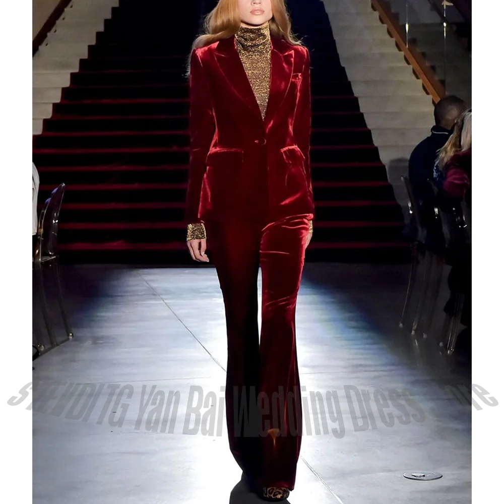 

Fashion Single Button Women‘s Pant Suits Two Pieces Solid Color Peaked Lapel Model Show Elegant Party Suit Blazee Set