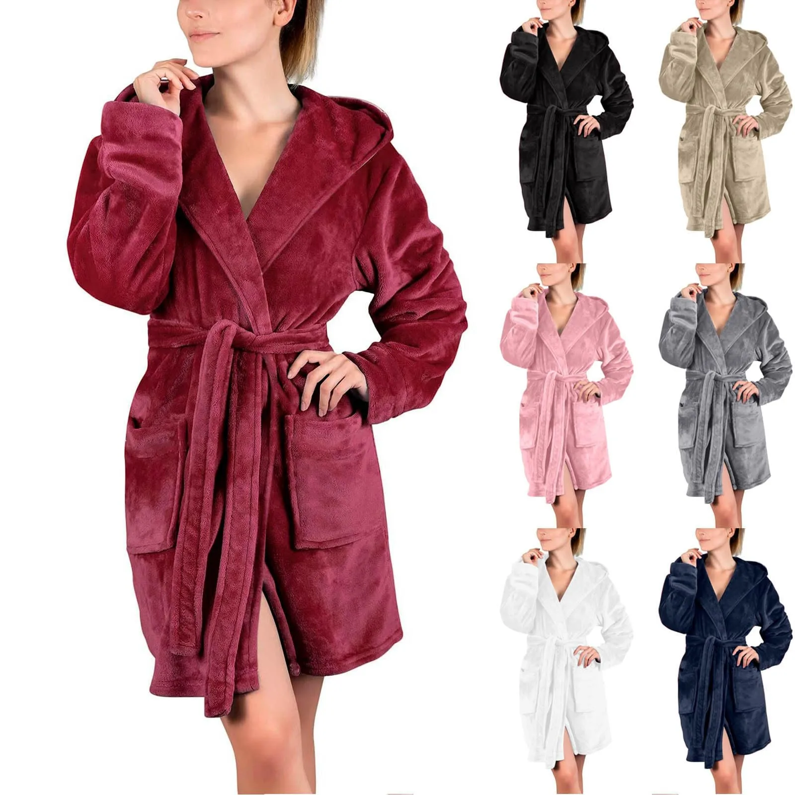 

Autumn and Winter New Coral Fleece Hooded Sleepwear Women's Solid Color Sleeping Robe Home Thickened Clothes Bathrobe