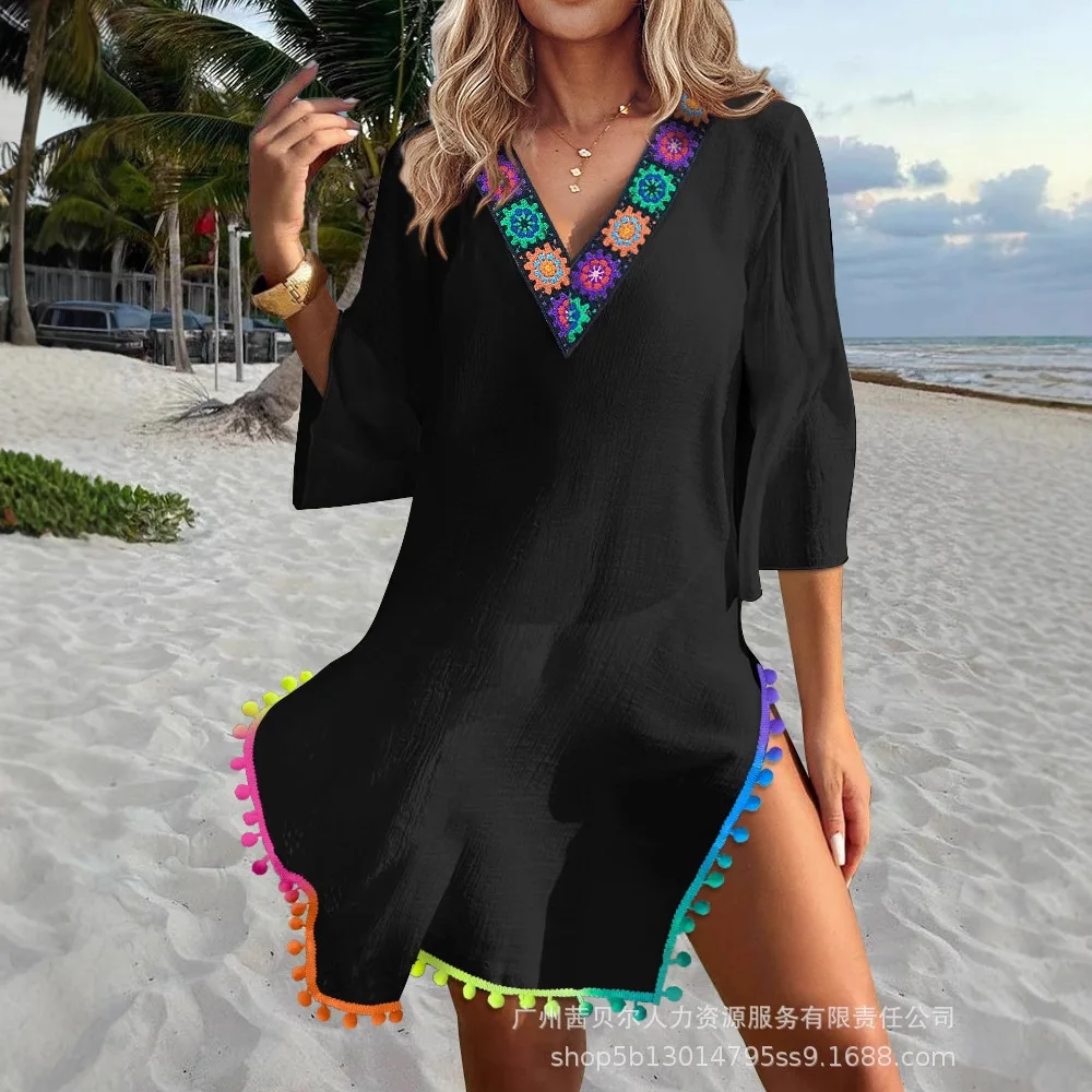 우아한 V넥 자수 긴팔 맥시 드레스, 생생한 컬러풀 폼폼 트리밍, 흐르는 비치 커버업 드레스, 보헤미안 시크 스타일