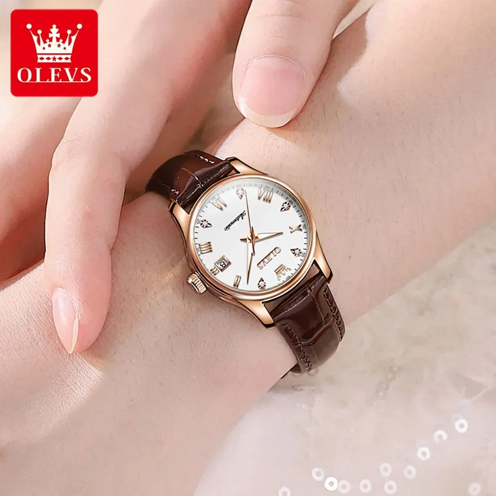 OLEVS 9932 Automatic Mechanical Watches Leather Strap Wristwatch Luxury Business Calendar Luminous Waterproof Watches For Women