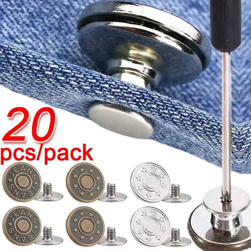 Imagen 1 del producto Botones de tornillo para pantalones vaqueros desmontables con destornillador, repuesto de ropa sin costura, alfileres de Metal, Kit de herramientas de cintura ajustable, 20/10 Uds.