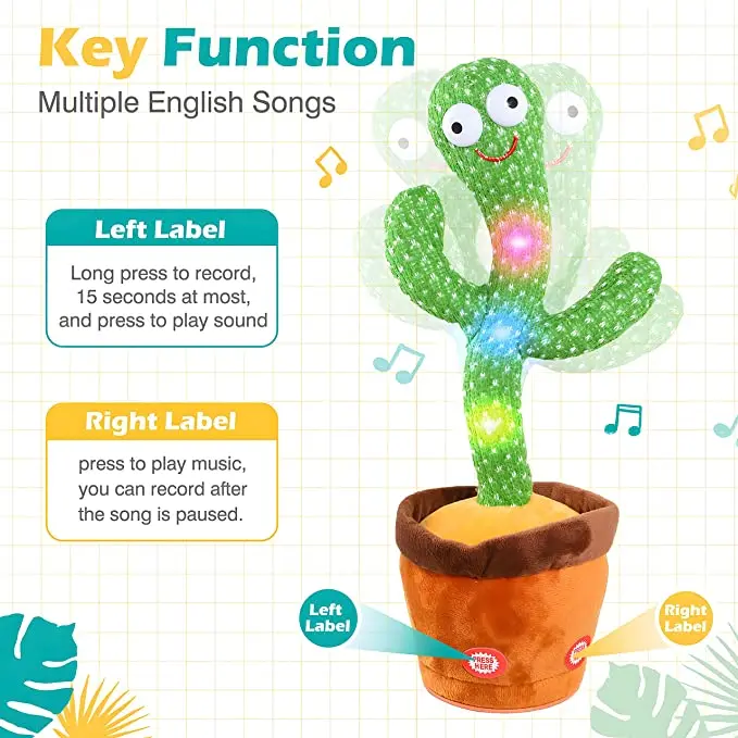 Rechargeable Dancer Cactus Glowing Dancing Captus USB Record Swing Fish Repeat Talking Dance Cactus Spanish Parlanchin Baby Toy