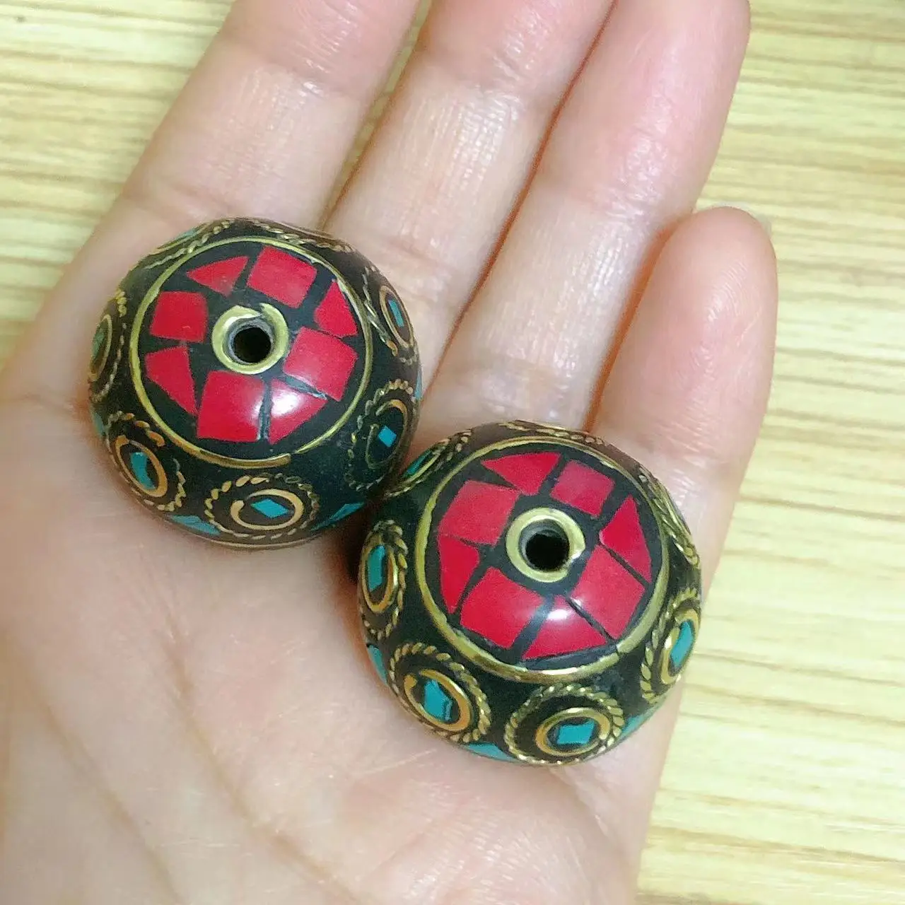 BD005 Nepal Handmade 26mm Big Ball Beads Brass Colorful Stone DIY Jewelry Accessories 2 Pieces Beads image 2