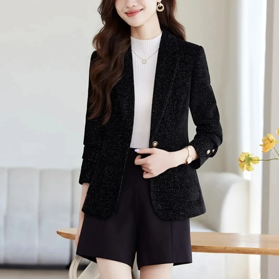 Primavera otoño nuevo Blazer mujer Color sólido moda Slim Oficina Blazer corto elegante un solo botón Seda brillante Mujer Blazer abrigo