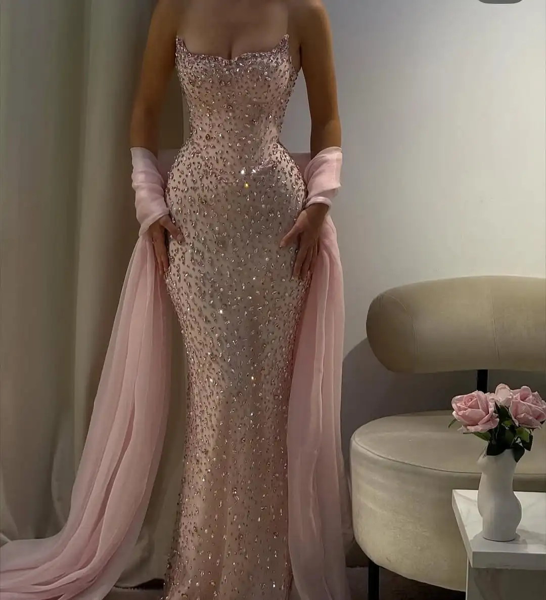

Hot Sale Sexy Sweetheart Crystal Glittering Evening Mermaid Dress With Shawl Fashion Unique Slim Floor Length Prom Party Wedding