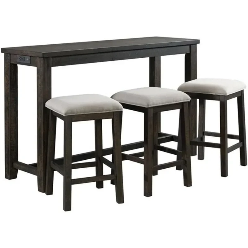 BOWERY HILL Stanford Multipurpose Home Bar Living Room Sofa Table Set with 3 Upholstered Stools, Chairs in Smokey Walnut