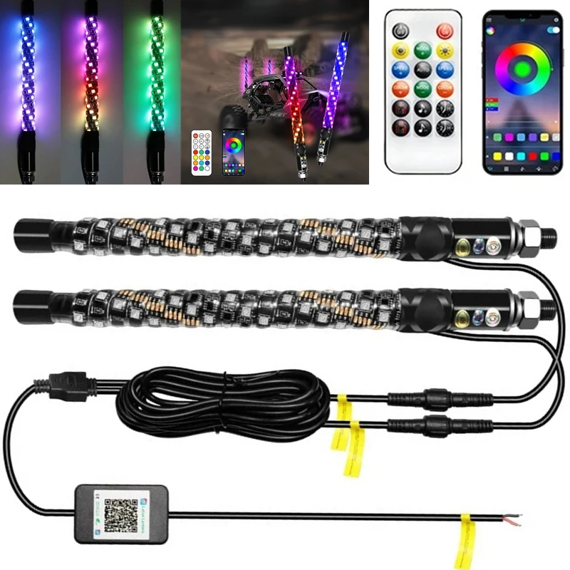 12V-24V LED Whip Lights IP68 Bluetooth Remote Control Voice control Colorful LED Whip Lights For UTV ATV Off Road Truck Sand RZR