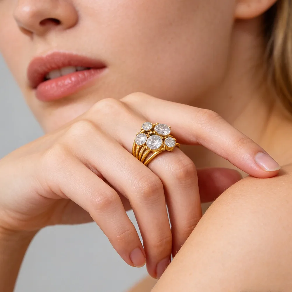 

18K Gold Plated Round Cubic Zirconia Ring Stainless Steel Waterproof Stackable Band Wholesale Fashion Jewelry for Women Gift