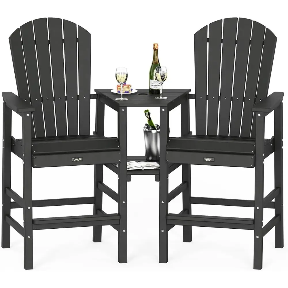 

Set of 2 Weather-Resistant HDPE Outdoor Bar Stools with Dual Trays for Patio, Poolside, Balcony (Black)