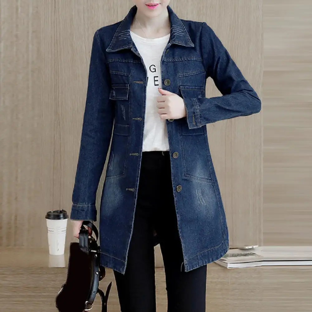 Women Single Breasted Long Denim Jacket Irregular Hem Mid-Length Turn-Dwon Collar Flap Pockets Ladies Slim Coat Women Outwear