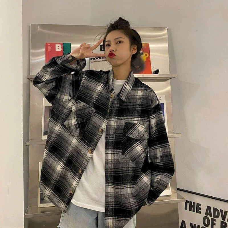 

Plaid Shirts for Women Polo-neck Oversized Brushed Oversized Cardigan Long Sleeve Casual Retro Blouse Korean Style Women Tops