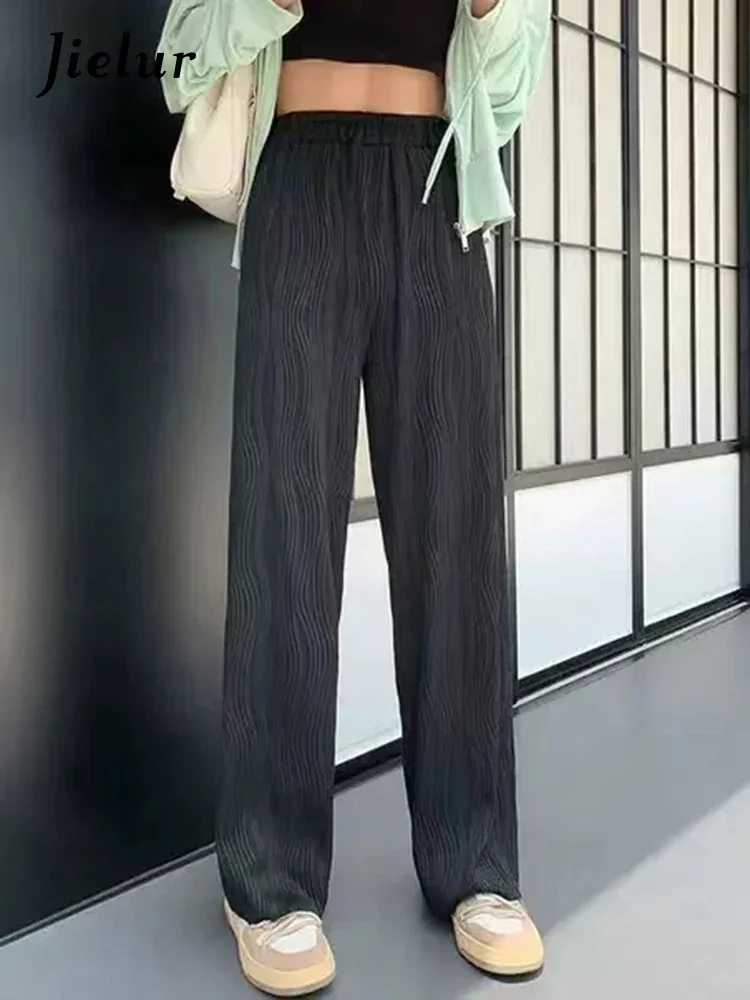 

Jielur, прямые тонкие черные женские широкие брюки, повседневные простые офисные женские брюки с эластичной резинкой на талии, однотонные женские брюки в корейском стиле
