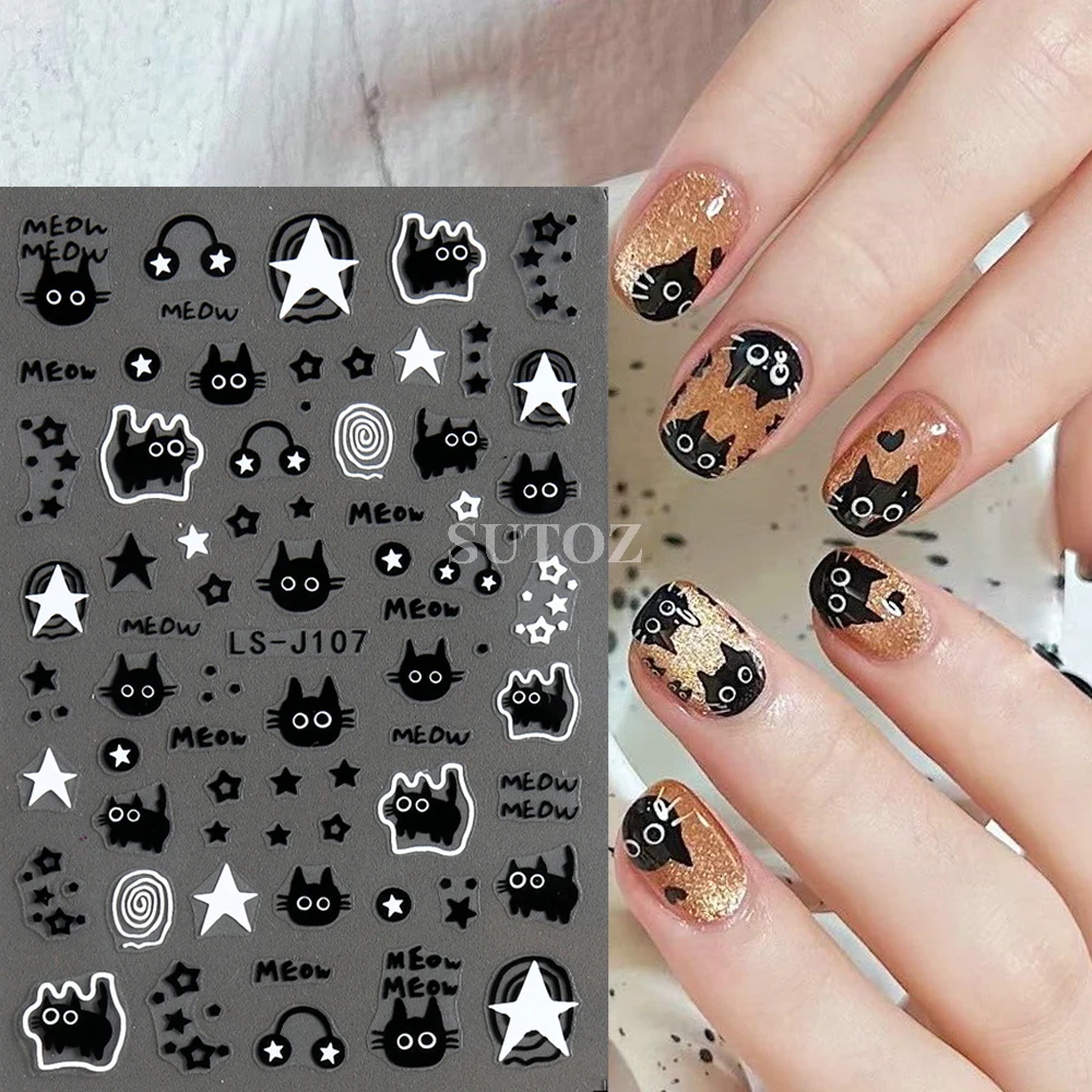 3D Black Cartoon Cute Cat Nail Stickers Cat Stars Letters Nail Sliders Y2K Korean Japanese Nail Art Manicure Decors NLLS-J107