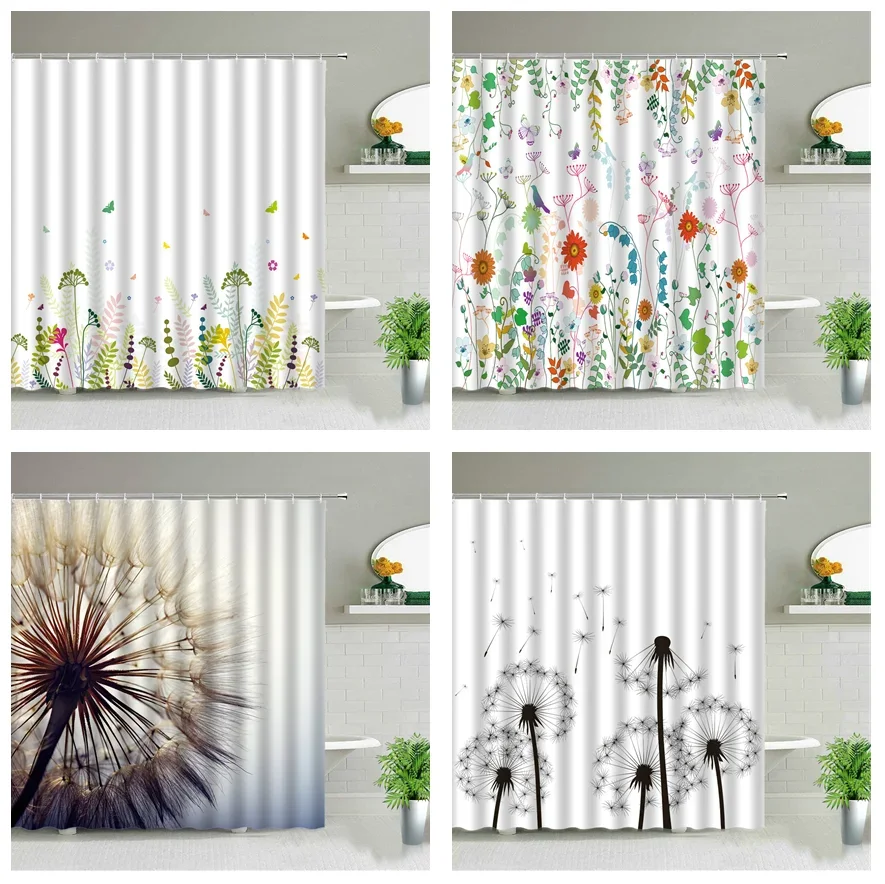 Plant Series Shower Curtain Bathroom Waterproof Polyester Fabric Cloth Curtain Dandelion Flower Print Bathtub Decor With Hooks