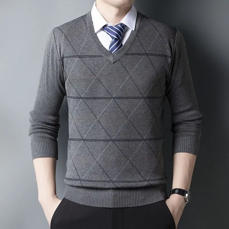 Men V Neck Stripe Pattern Long Sleeve Slim Fit Knit Sweater