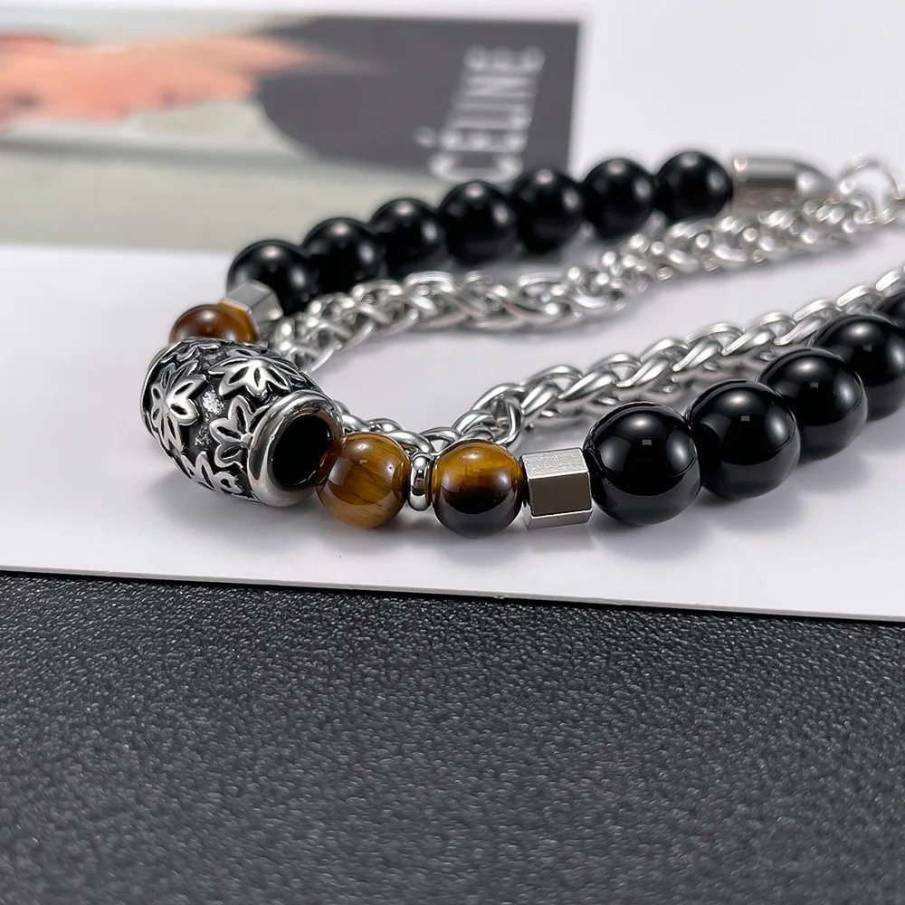Double Black Agate Tiger Eye Stones Bracelet Men's tainless Steel Layer Round Magnet Bead Luxury Bracelet for Men Women Jewelry
