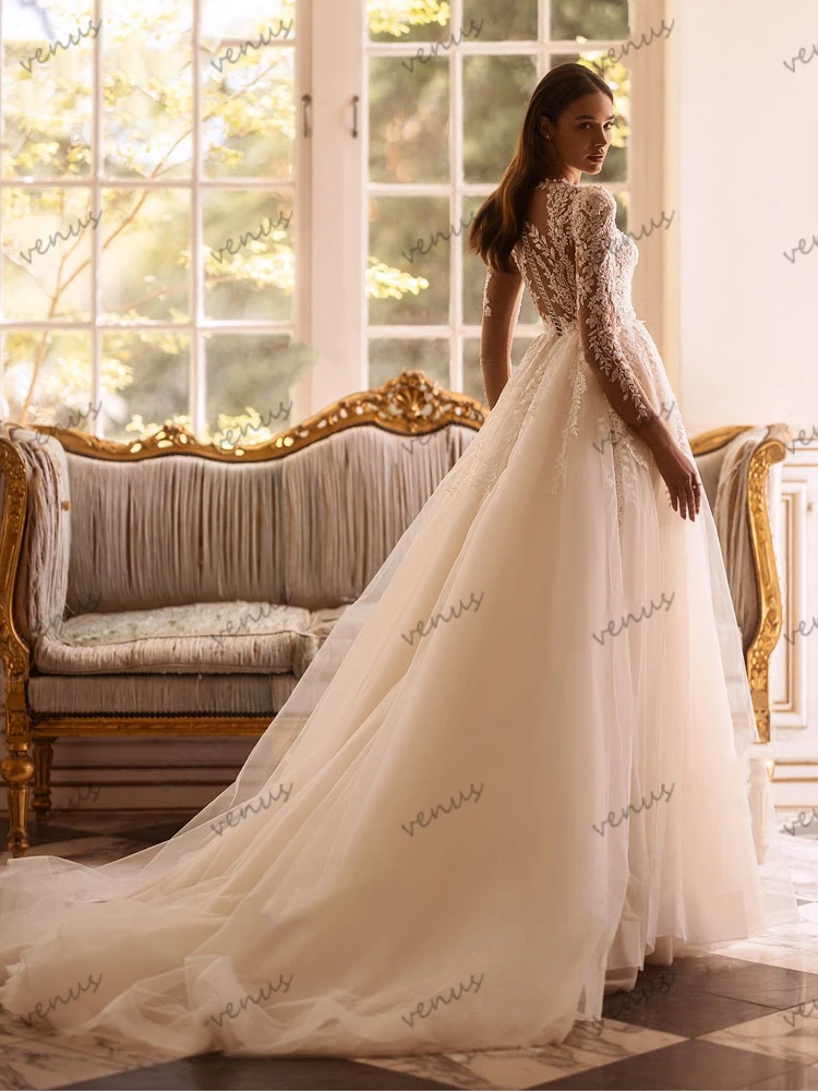 ชุดแต่งงานที่สวยงามชุดเจ้าสาว A-Line Tulle ฉัตรลูกไม้ appliques แขนเต็มเสื้อคลุมสำหรับเจ้าสาว2024 Vestidos de Novia