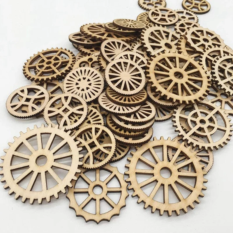 100Pcs ruote ingranaggi in legno decorazione fette di legno decorazione in legno ritagli in legno etichette regalo artigianato artistico fai da te