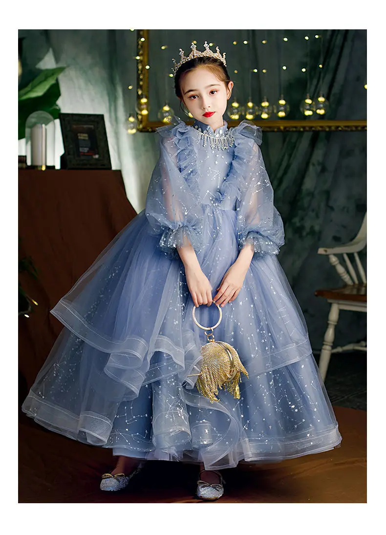 Children Girls Lace Long Sleeve Princess Evening Dress Prom Wedding Birthday Party Flower Girl Dresses for Weddings Vestido