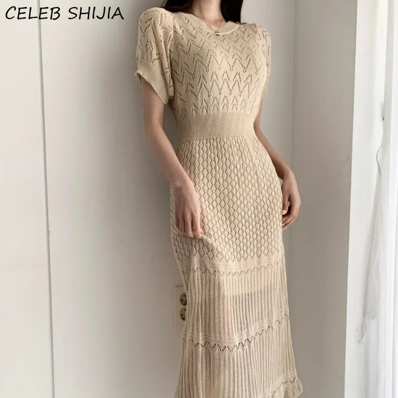 

Korean Knitted Summer Dress Women O-neck High Waist Long Dresses Vestidos Woman Chic Elegant Apricot Slim Dress Female