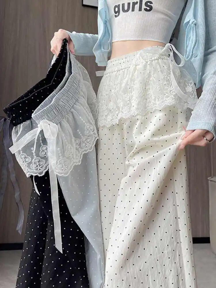 

Летние брюки 2025 года, новинка, в горошек, с эластичным поясом, широкие штанины, женские, длиной в пол, прямого кроя, в корейском стиле, для повседневной носки