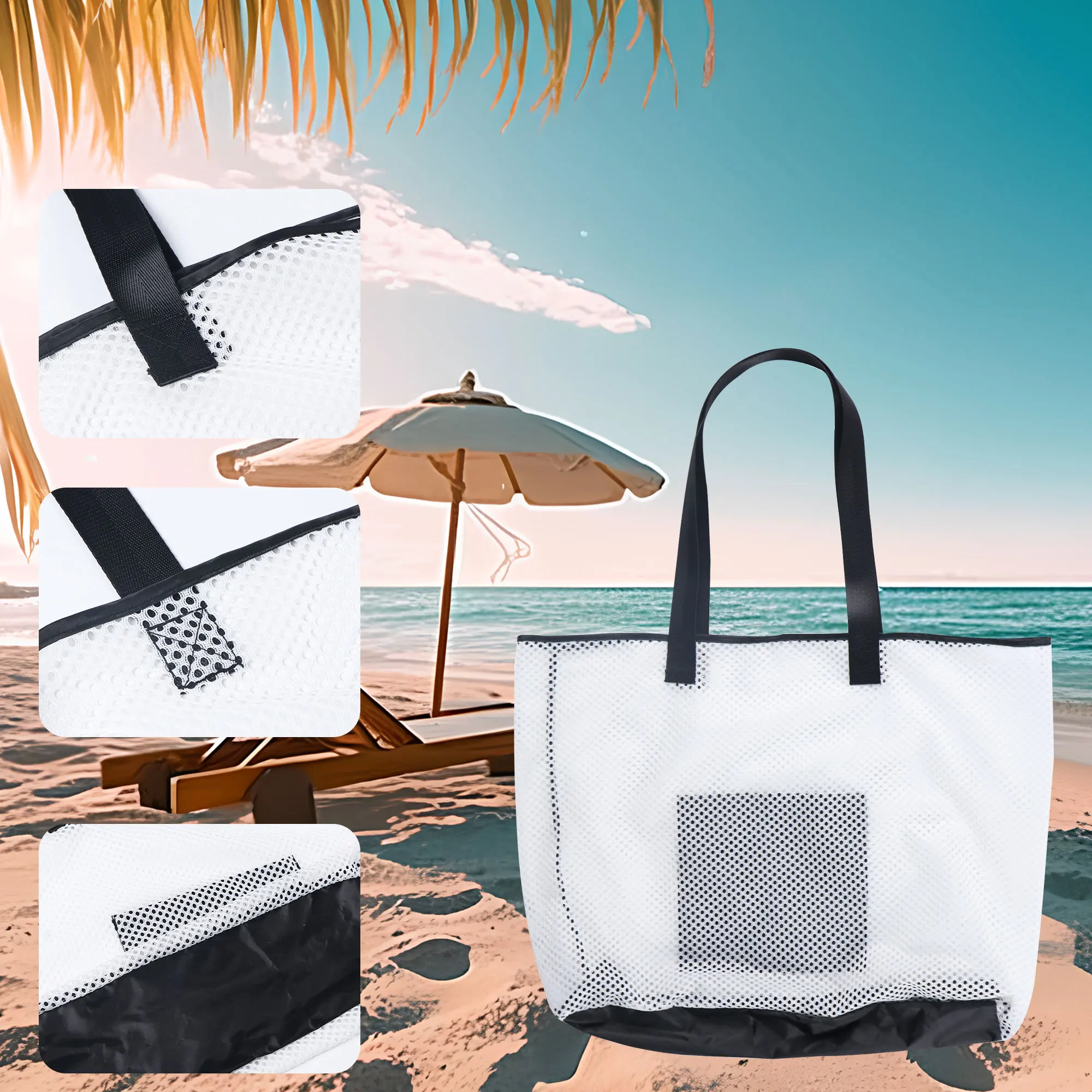 Large Mesh Beach Tote Bag, Waterproof Sandproof Pool Bag with Inner Pocket, Reusable Grocery Shopping Bag for Beach, Pool, Gym,