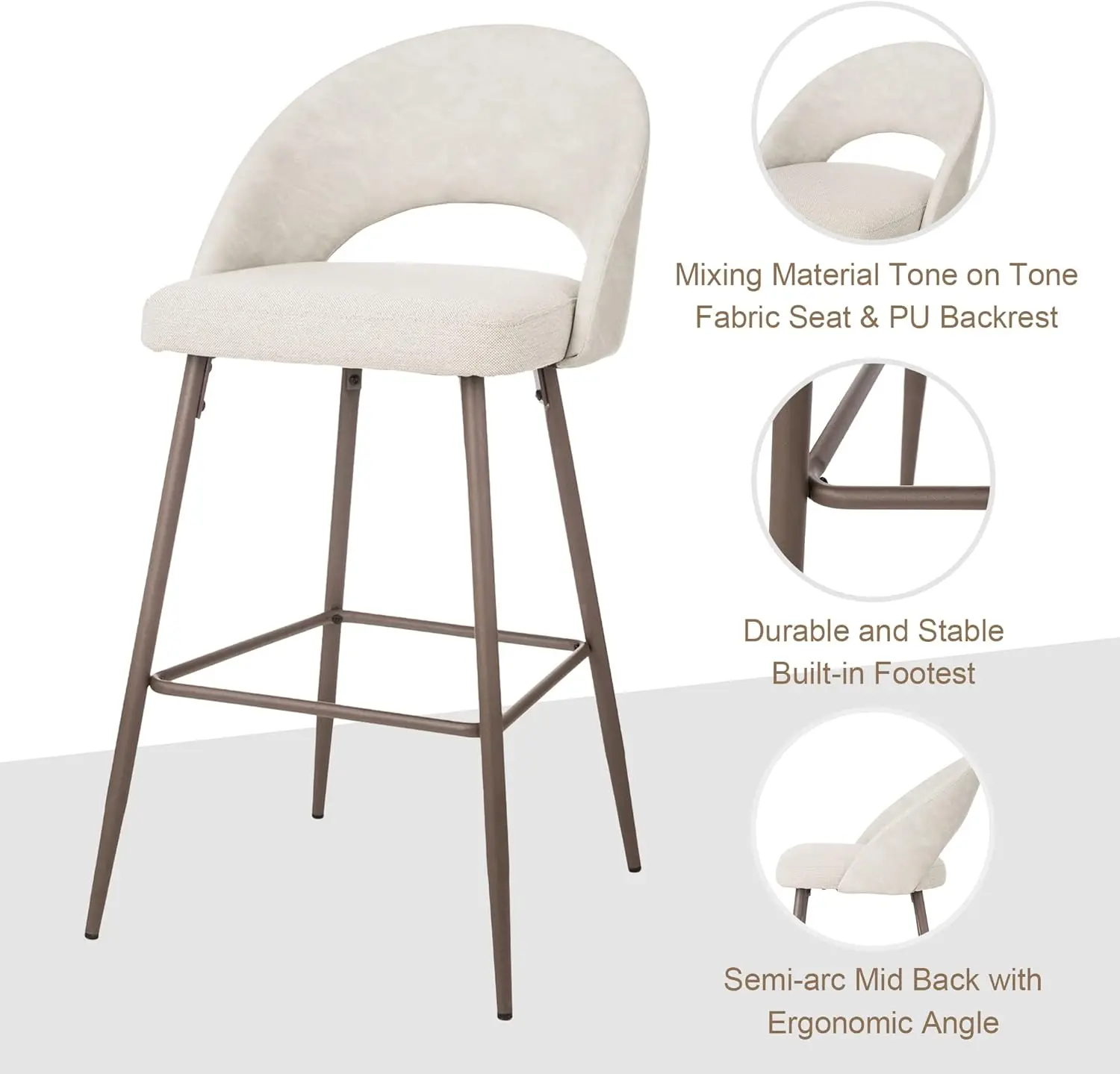 Set of 2 Modern Mid-Century 29 Bar Stools with Backrest and Footrest, Upholstered Two-Tone Color L