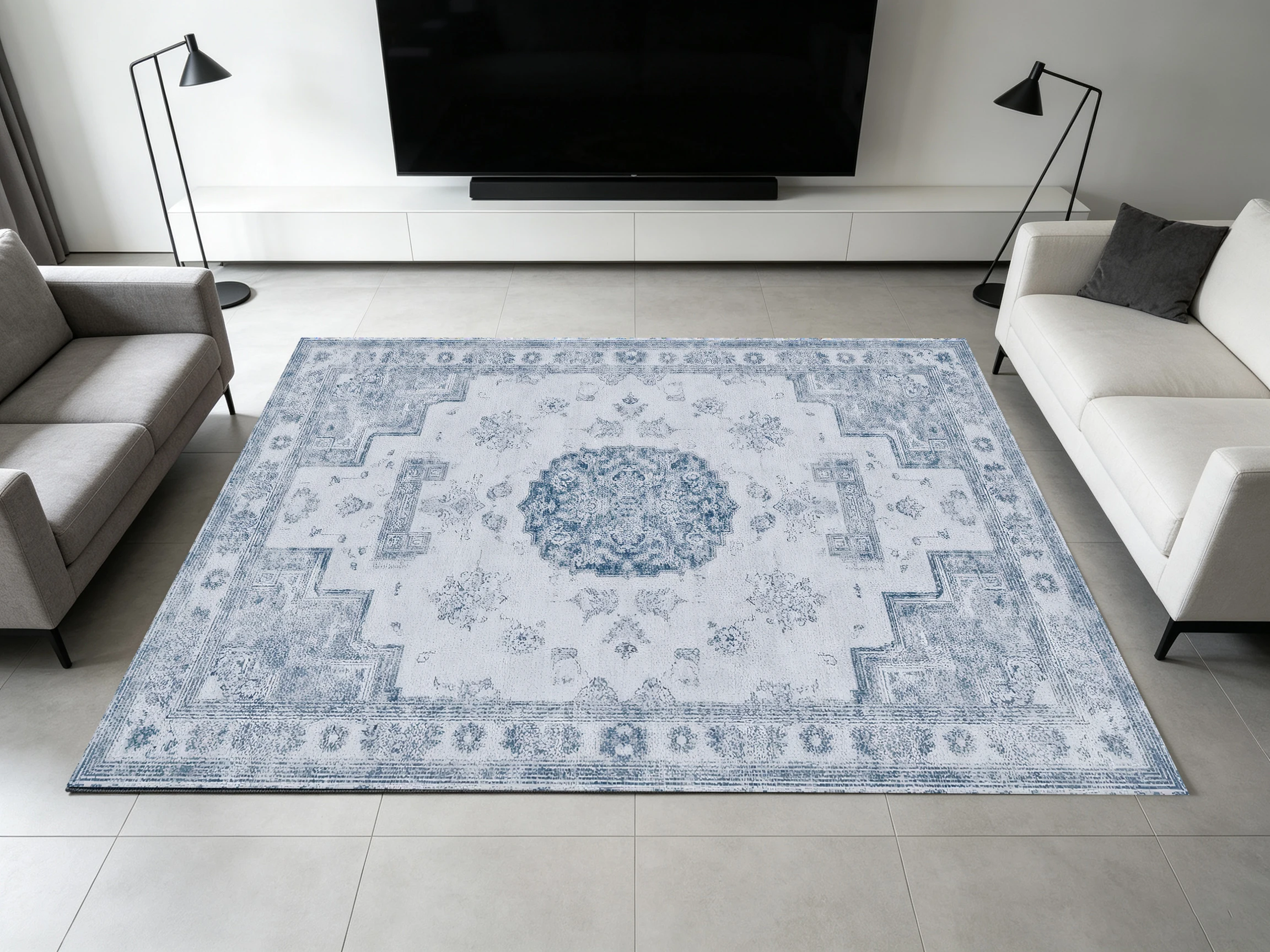 Light Blue Vintage Ethnic Style Area Rug, Classic Central Medallion Pattern, for Autumn Winter Home Refresh, Decor for Entryway