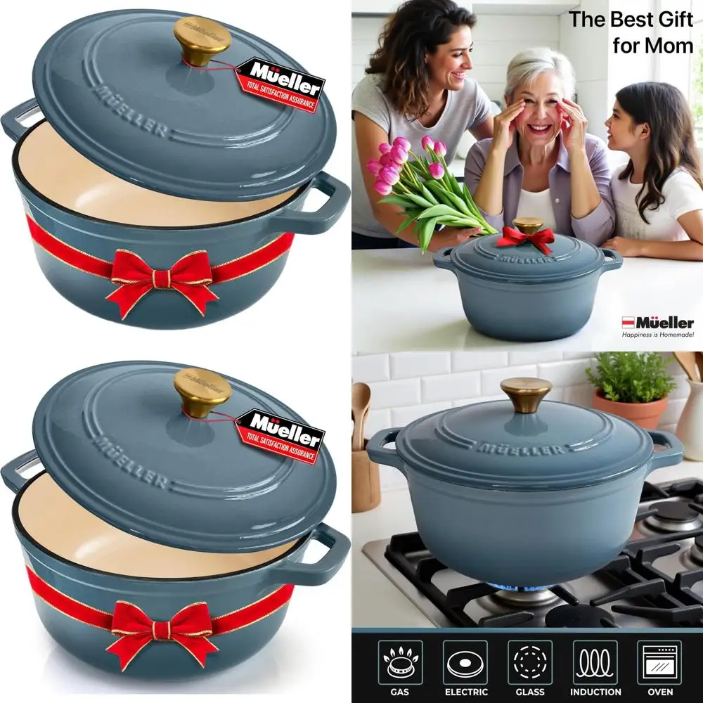 

6-Quart Enamel Cast Iron Dutch Oven, Heavy Duty, Oven-Safe to 500°F, Suitable for All Cooktops, Bread Baking Pan with Lid and Kn