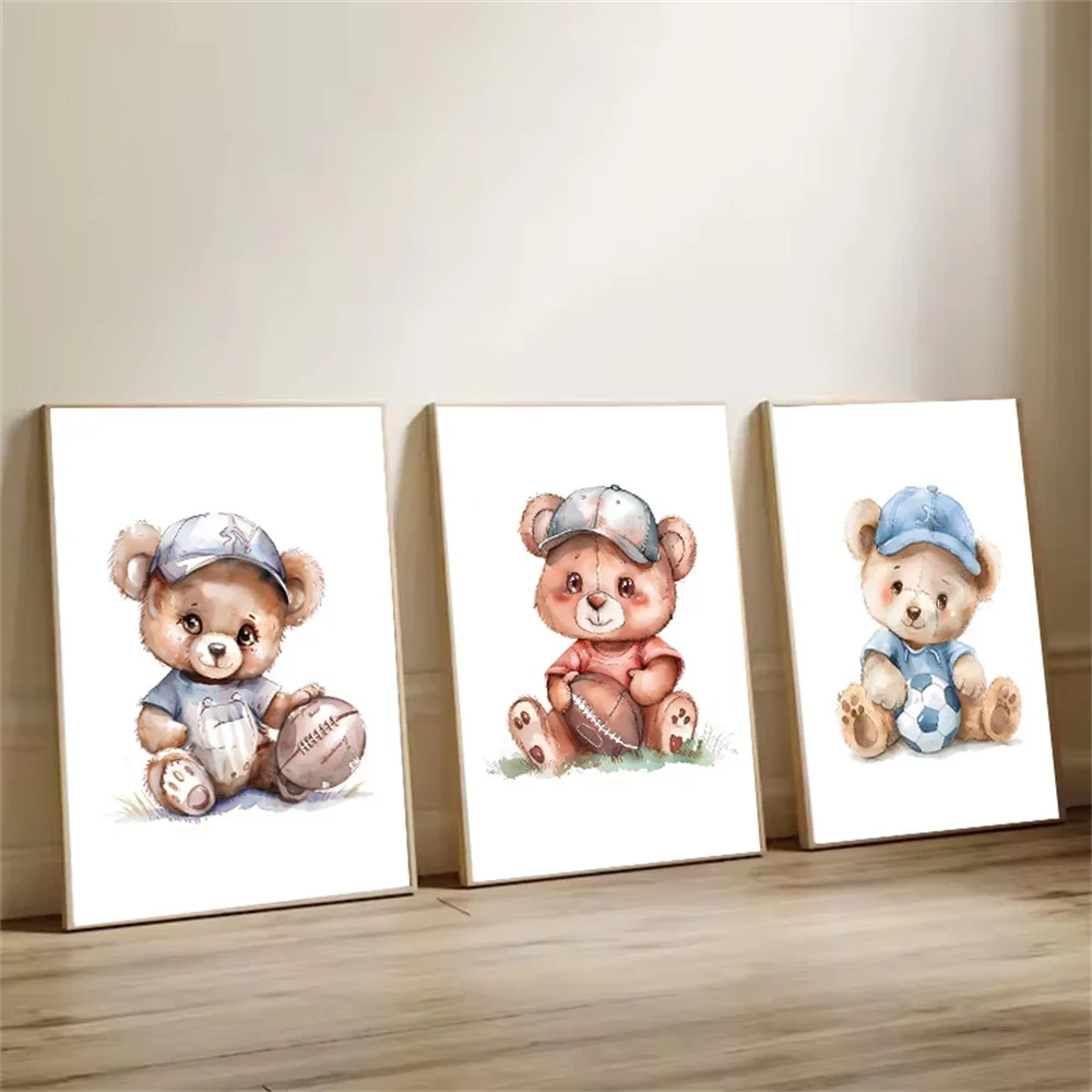 Vintage Teddy Bear Animal Nursery Wall Art Print Rugby Football Bears Sports Poster Canvas Painting Picture Kids Room Decoration