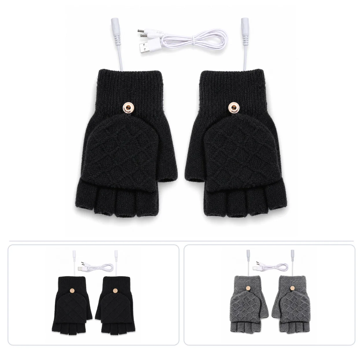 USB Heated Fingerless Gloves Typing Keyboard Hand Warmers Flip Cover Knit Winter Office Computer Outdoor Travel Thermal Handwear