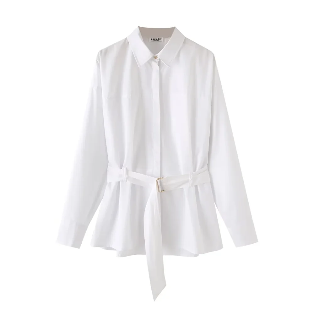 

2024 Autumn New Product Women's Clothing Simple Style with Belt Poplin Hunting Style Casual White Shirt