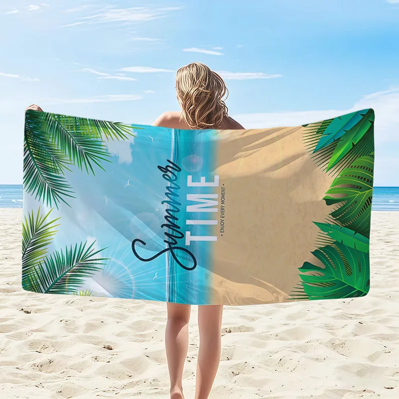 Newest Summer Time Palm Leaf Beach Scene Print Microfiber Beach Towel, Lightweight Quick Dry Towel for Travel Swimming Pool