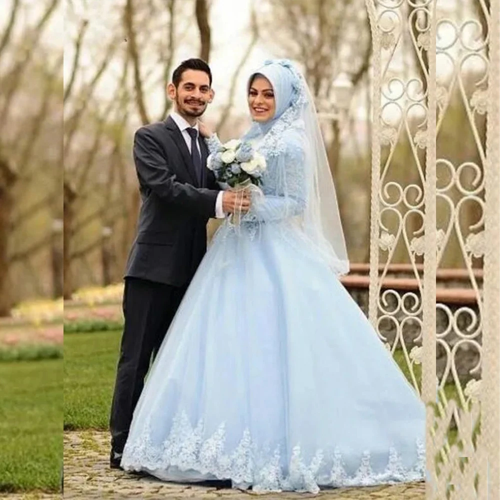 

Muslim Wedding Dresses with Hijab High Neck Sky Blue Garden Bride Dress Appliques Bridal Gowns Vestidos De Novia Customized