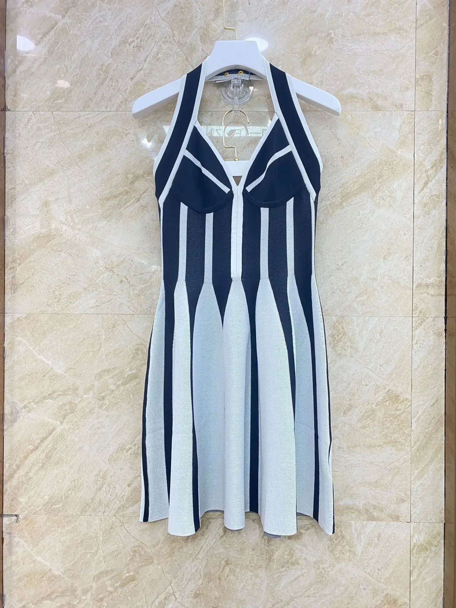 

New Collection White Black Suspender Knitted Ice Silk Stripes Dresses High Quality for Office Lady Holiday