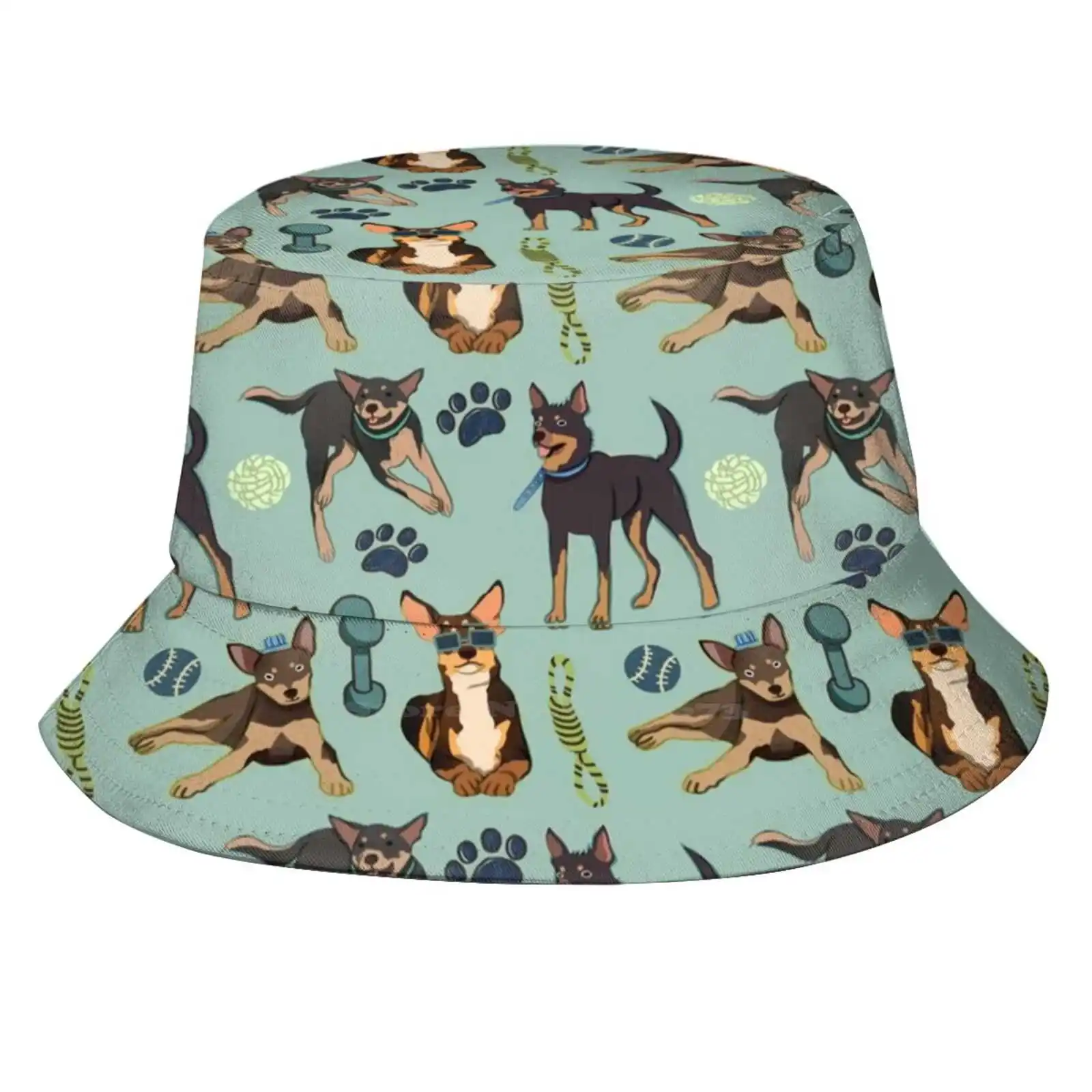 Australian Kelpie - Cute Tan And Black Dog Illustration Pattern Foldable Panama Bucket Hat Cap Tan White Black Mint Blue Teal