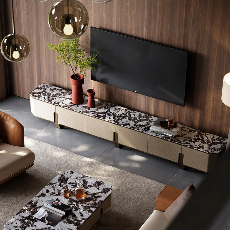 # Modern White Sintered Stone Entertainment Center Living Room Side Storage Cabinet TV Unit Stand With Base