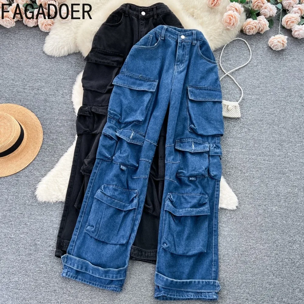 

FAGADOER Vintage Blue Fashion Pocket Cargo Denim Pants Women High Waisted Loose Straight Jean Casual Female Solid Cowboy Bottoms