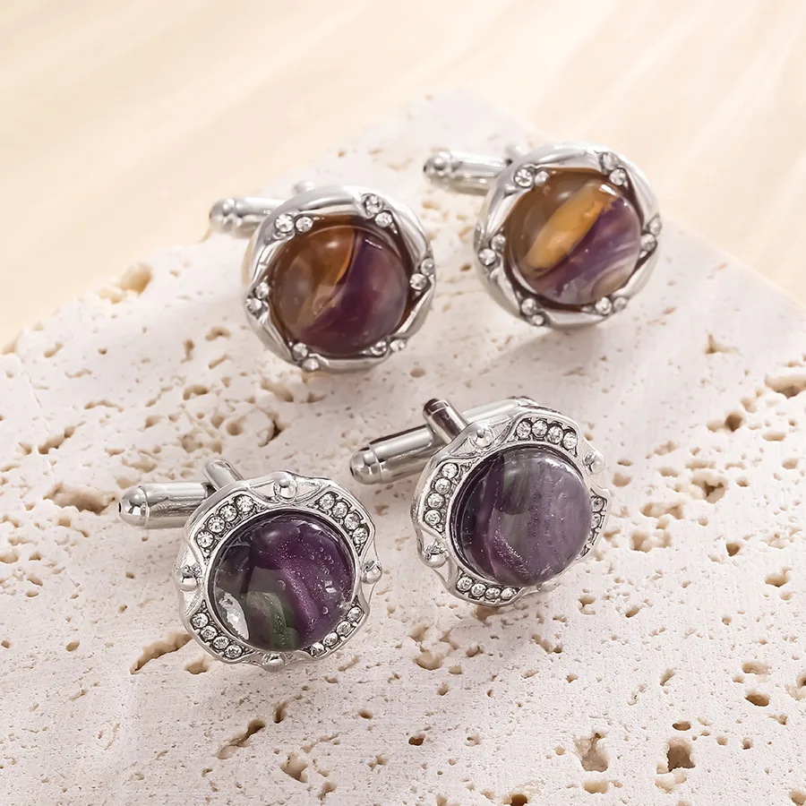 بدلة عمل رجالية قمصان رسمية أزرار أكمام مستديرة موضة زجاج حجر الراين الديكور أزرار أكمام مجوهرات فاخرة هدية للأب #3