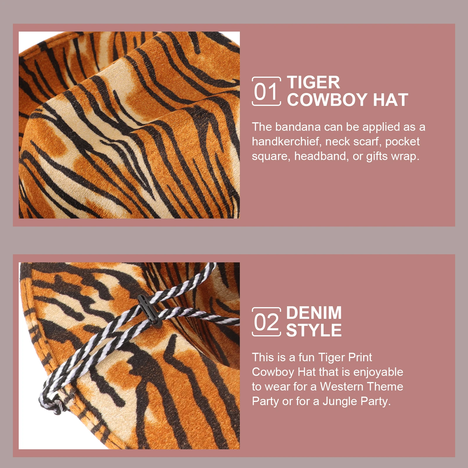 قبعة رعاة البقر بطبعة نمر مريحة وقابلة للتعديل وطباعة حيوانات صناعية للحفلات التنكرية للنساء #1