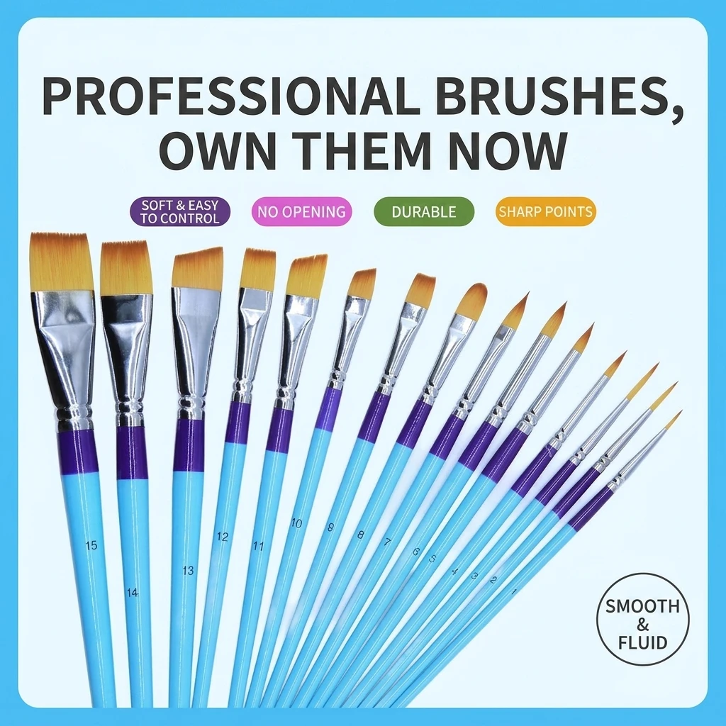 Professional Face Painting Brush 15 Pcs Set Multi-Functional Painting Brush Set-Nylon Hair  for Watercolor Oil Acrylic & Gouache