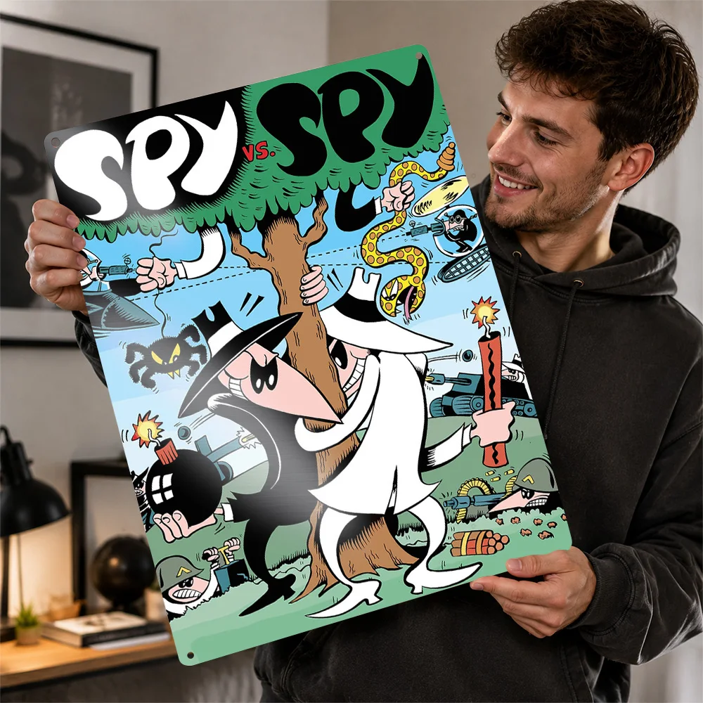 Spy Versus Rival Comic Illustration Textured Poster Customized Metal Tin Sign Striking Panel Story Icon Wall Art Fits Bedrooms